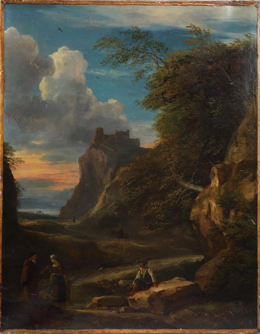 Paesaggio all'italiana con figure accanto a un ruscello e rovine in lontananza